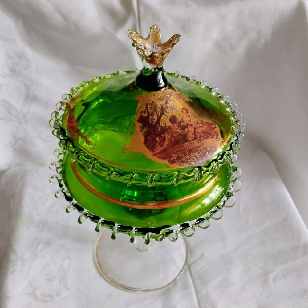 MCM Empoli Green Glass Compote Lidded Candy Dish Rigaree Edge Gilt Gold Romantic - Picture 3 of 13